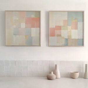 Pastel Neutral Abstract Painting Set of 2 Square Prints, Abstract Acrylic Print, Modern Minimalist Poster, Printable Wall Decor