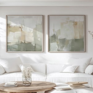 Juego de 2 impresiones artísticas abstractas en beige y verde, pintura de estilo contemporáneo, póster minimalista moderno, decoración de pared en lienzo estirado