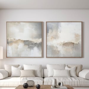 Conjunto de pintura abstrata cinza bege neutro com 2 impressões quadradas, impressão acrílica abstrata, pôster minimalista moderno, decoração de parede para impressão