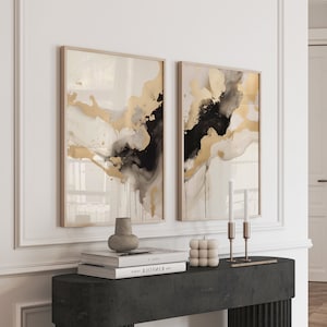Conjunto de pinturas abstratas pretas douradas de 2, impressão de mármore neutro, arte para impressão, pôster minimalista moderno, decoração de parede para impressão