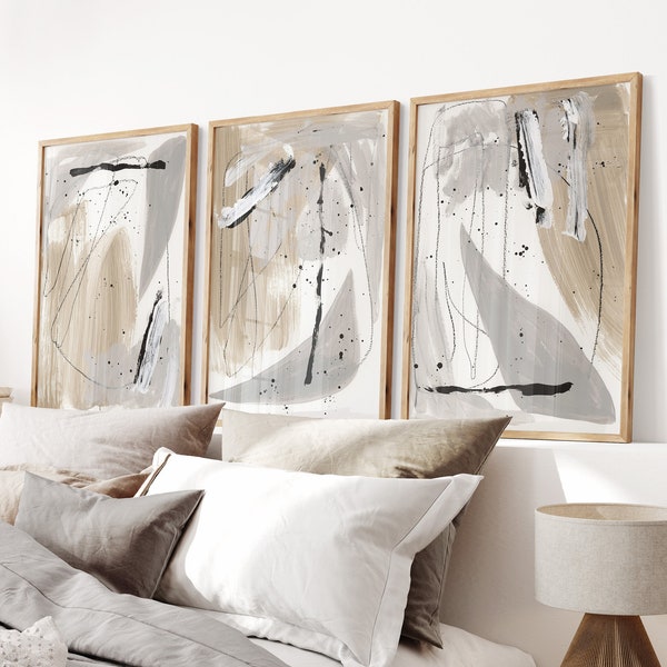 Conjunto de impresión beige y gris de 3, arte expresionista abstracto, descarga imprimible, pintura abstracta, cartel minimalista moderno, decoración de pared