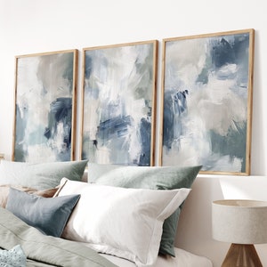 Conjunto de 3 estampas azul-marinho, verde-menta e cinza, arte de parede abstrata, impressão moderna, pintura acrílica, pôster minimalista, decoração de parede para impressão