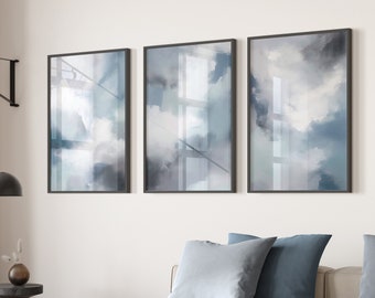 Abstract Blue Grey Print Set of 3, Neutral Art, Clouds Modern Printable, Acrylic Painting, Modern Minimalist Poster, Printable Wall Decor