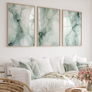 Abstrakte Malerei ""Mintgrün"" 3er-Set, weiche, neutrale Kunst, moderne druckbare Kunst, Pastellmalerei, minimalistisches Poster, druckbare Wanddekoration."