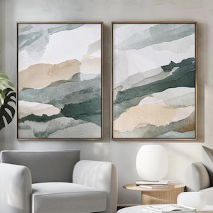 Set di 2 dipinti astratti verdi, stampa di paesaggi neutri, arte stampabile, poster minimalista moderno, decorazione murale stampabile
