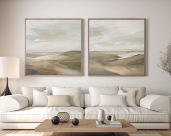 Neutral Landscape Painting Set of 2 Square Prints, Abstract Acrylic Print, Printable Art, Modern Minimalist Poster, Printable Wall Decor