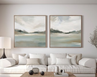 Neutral Landscape Painting Set of 2 Square Prints, Abstract Acrylic Print, Printable Art, Modern Minimalist Poster, Printable Wall Decor