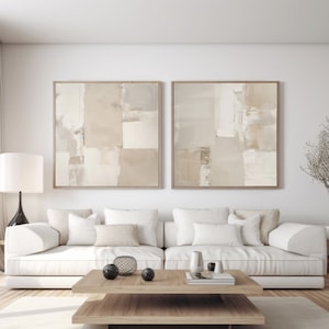 Conjunto de pintura abstrata bege neutra com 2 impressões quadradas, impressão acrílica abstrata, pôster minimalista moderno, decoração de parede para impressão