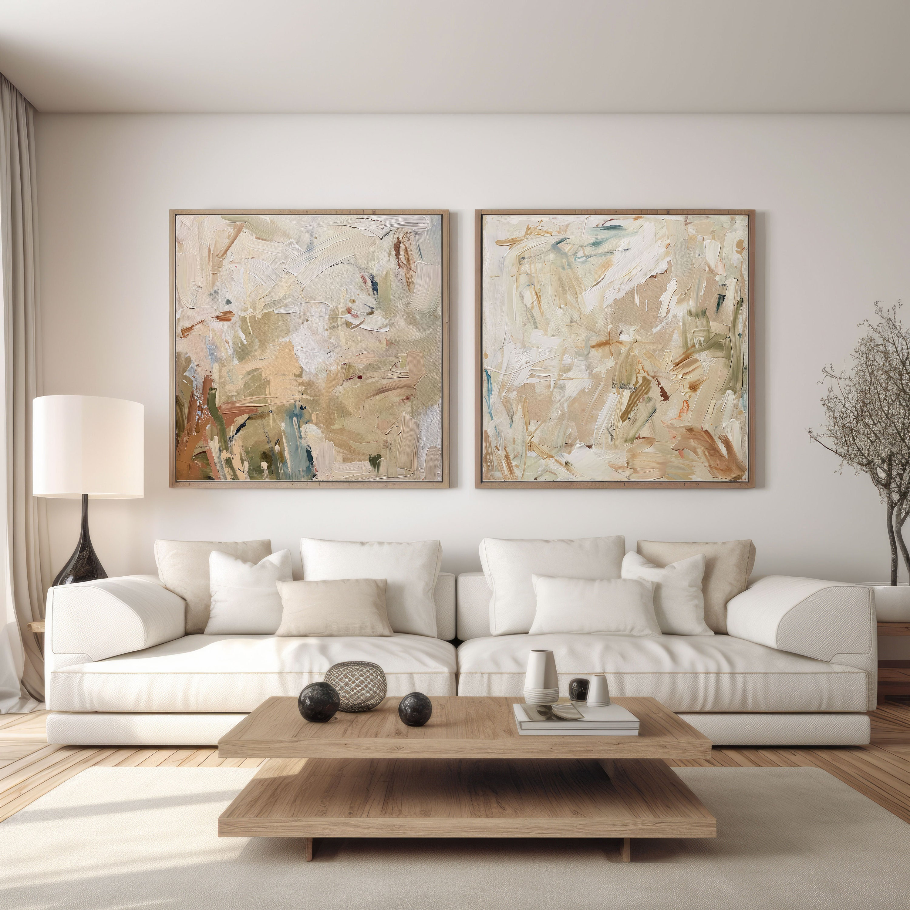 Neutral Beige Abstract Painting Set of 2 Square Prints, Abstract Acrylic Print, Modern Minimalist Poster, Printable Wall Decor