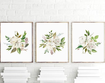White Roses Bouquets Print set of 3 Instant Art INSTANT DOWNLOAD Printable Wall Decor