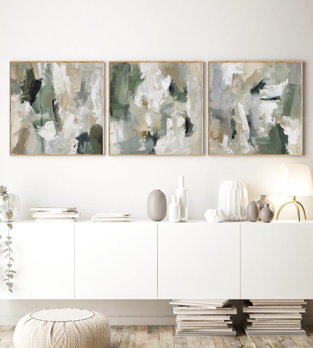 Beige and Green Painting Set of 3 Square Prints, Abstract Acrylic Print ...