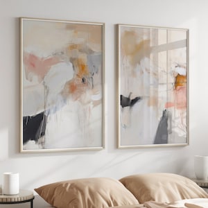 Juego de 2 impresiones artísticas abstractas en tonos melocotón y beige, pintura acrílica, póster minimalista moderno, decoración de pared en lienzo estirado