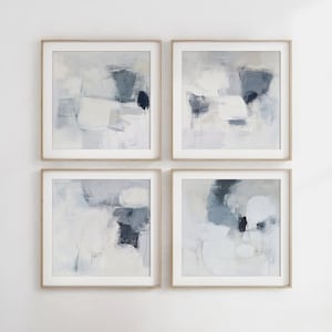 Conjunto de pinturas abstratas em cinza e azul marinho com 4 impressões quadradas, impressão em acrílico, arte para impressão, pôster minimalista moderno, decoração de parede