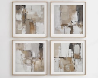 Neutral Beige Grey Abstract Painting Set of 4 Square Prints, Contemporary Acrylic Print, Modern Minimalist, Printable Wall Decor