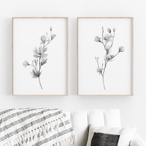 Set of 2 Grey Magnolia Print Instant Art INSTANT DOWNLOAD Printable Wall Decor