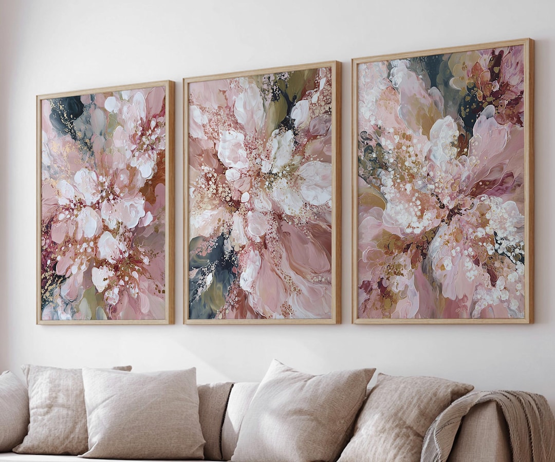 Pink Pastel Patterns Abstract Floral Pastel Pink Painting Print Set of 3, Modern Printable ...