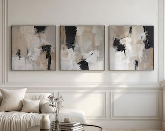Beige And Black Abstract Painting Set of 3 Square Prints, Abstract Acrylic Print, Modern Minimalist Poster, Printable Wall Decor
