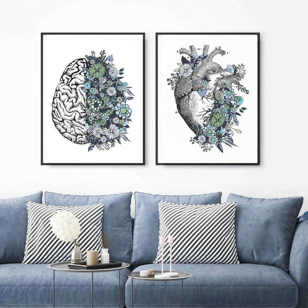 Set of 2 Vintage Anatomy Floral Heart Brain Print Instant Art INSTANT ...