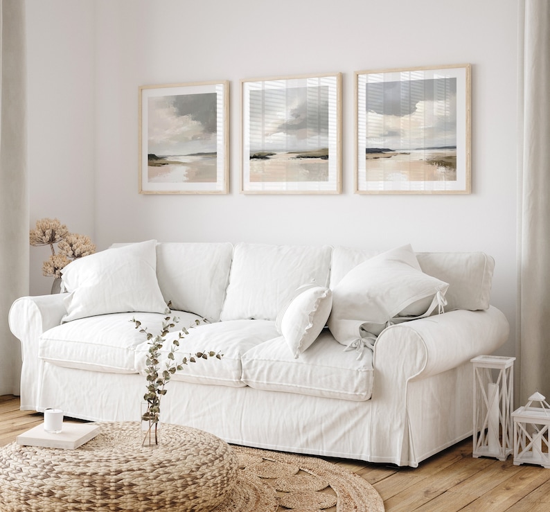 Neutral Landscape Painting Set of 3 Square Prints, Abstract Acrylic