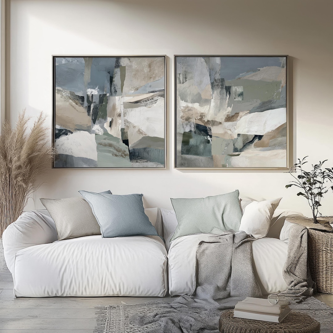 Abstract Muted Blue and Green Painting Set of 2 Square Prints, Acrylic ...
