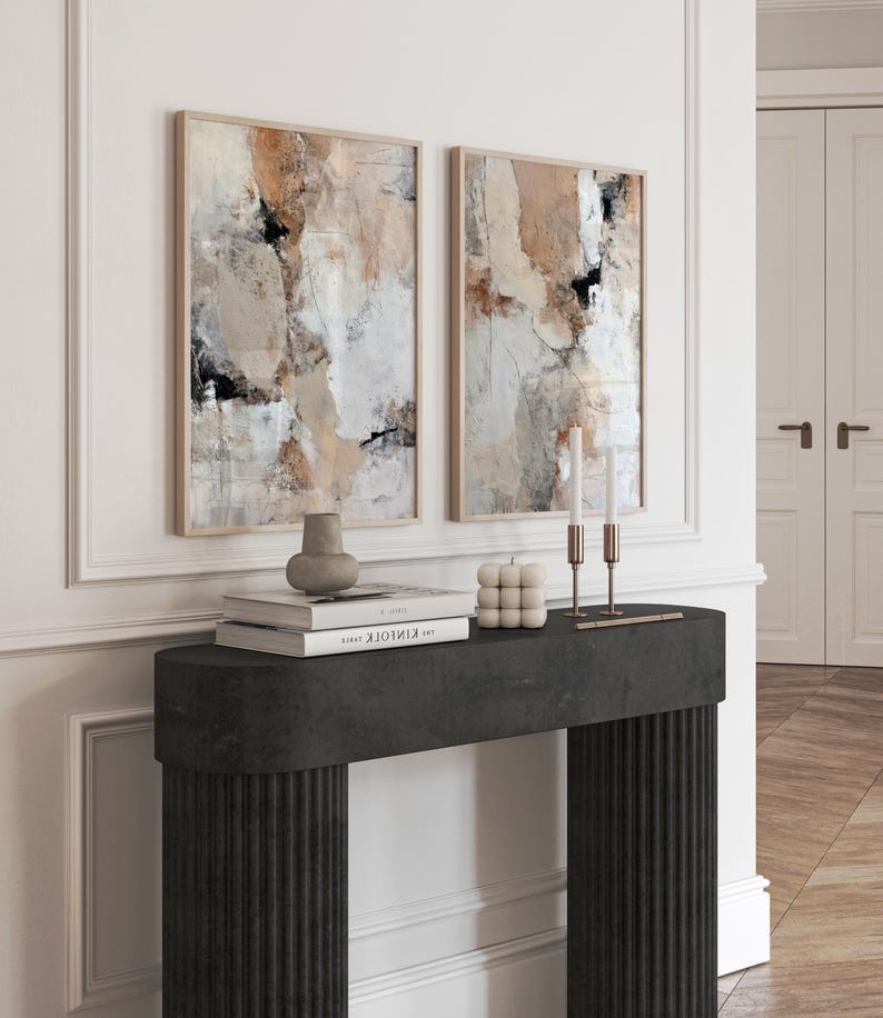 Abstract Beige and Black Art Print Set of 2 | Acrylic Painting | Modern ...