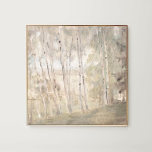 May include: A painting of a forest scene with tall, thin trees in shades of gray and white. The trees are painted in a loose, impressionistic style, with soft edges and a sense of depth.