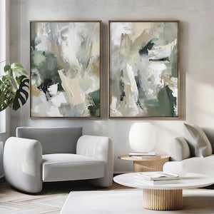 Juego de 2 impresiones de arte abstracto verde / Pintura acrílica / Póster minimalista moderno / Decoración de pared en lienzo estirado