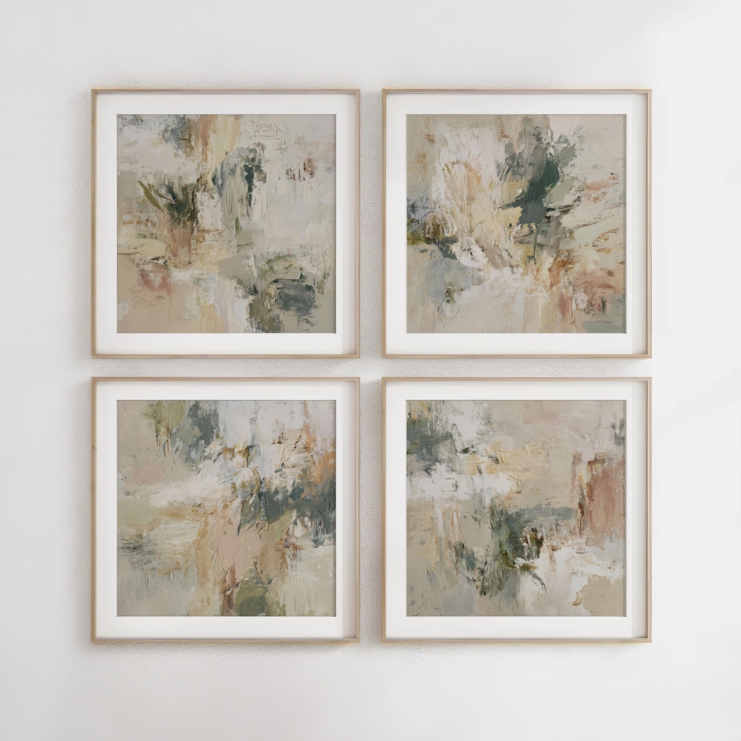 Abstract Green Painting Set of 4 Square Prints, Abstract Acrylic Print ...