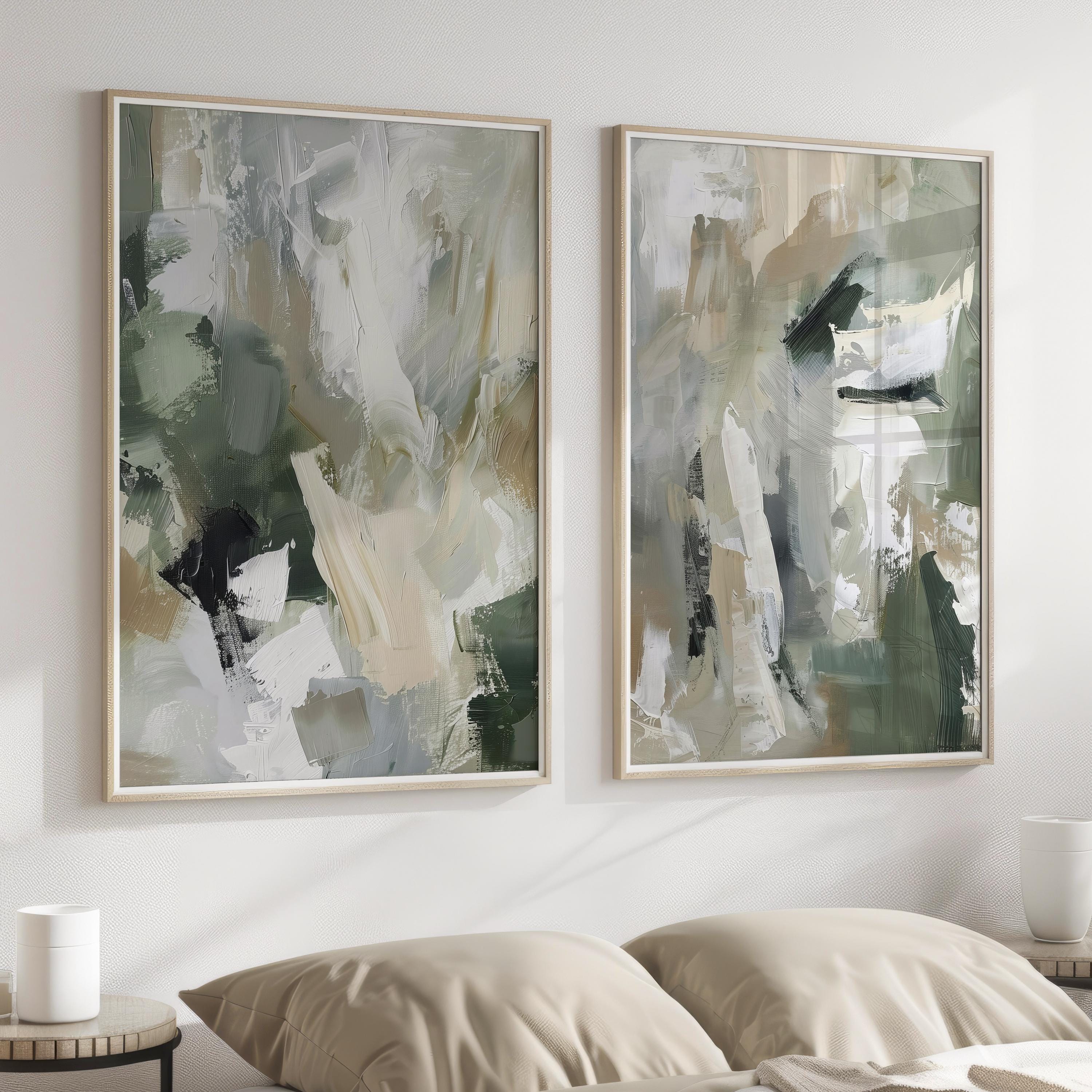 Green Abstract Painting Set of 2, Neutral Acrylic Print, Sage Pastel ...