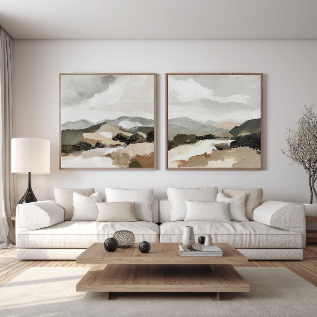 Neutral Landscape Painting Set of 2 Square Prints, Abstract Acrylic ...