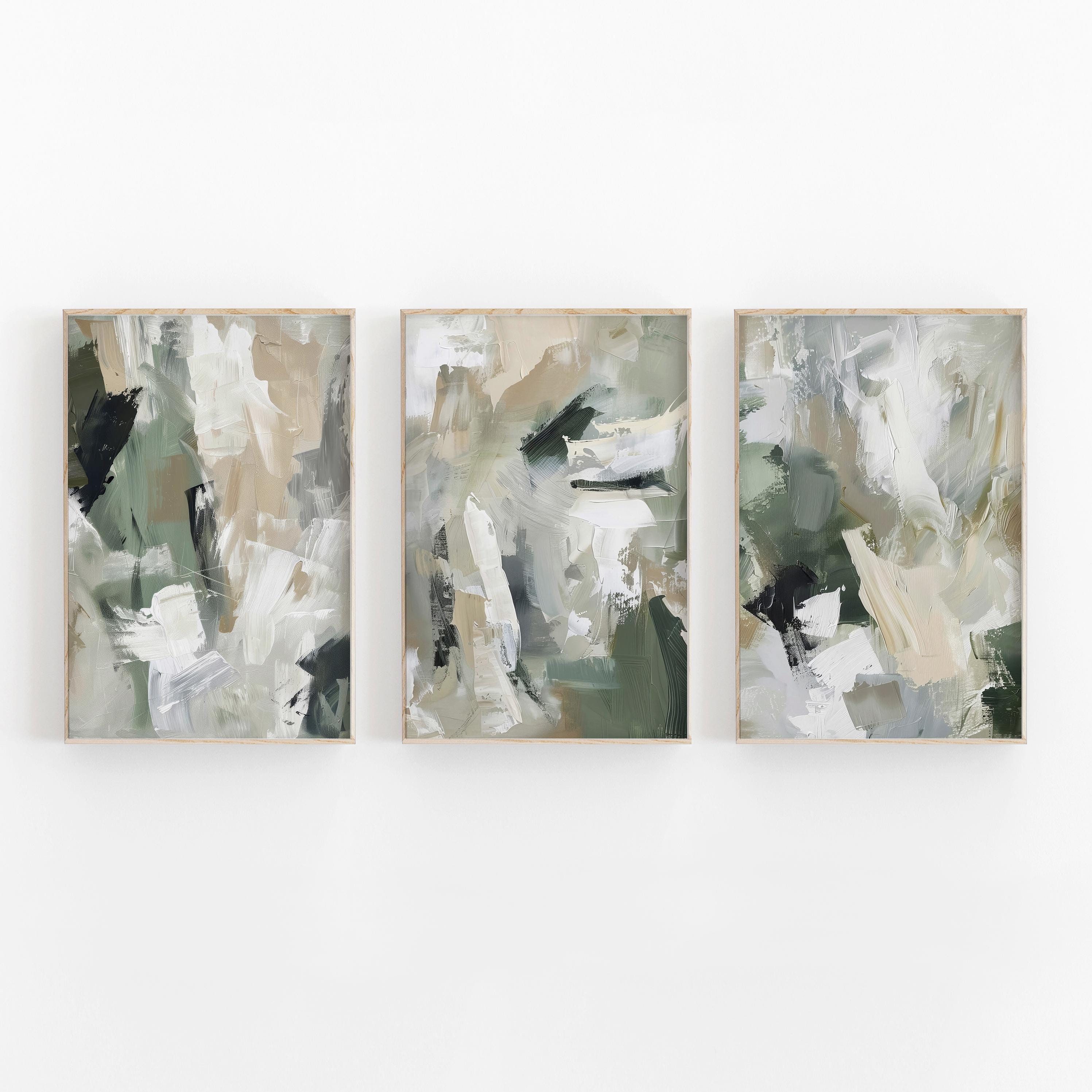 Abstract Green Beige Art Print Set of 3 | Acrylic Painting | Modern ...