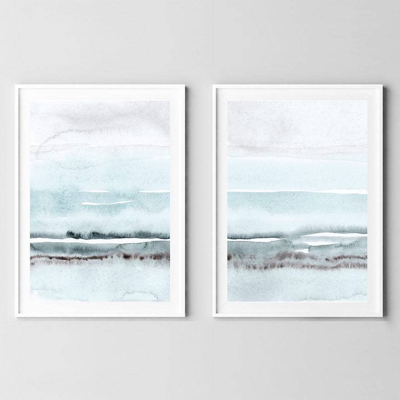 Light Blue Painting Set of 2 Abstract Watercolor Print Etsy