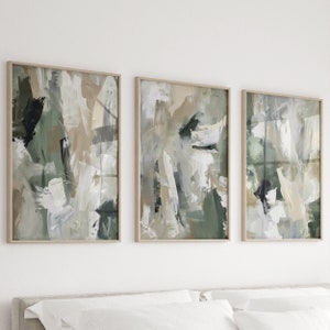 Conjunto de pintura abstrata verde de 3, impressão neutra, verde pastel sábio, pôster minimalista moderno, decoração de parede para impressão