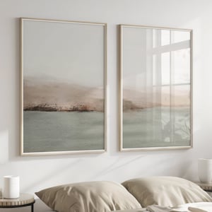 Conjunto de pinturas de paisagens abstratas com 2, impressão em aquarela abstrata verde-menta, arte para impressão, pôster minimalista moderno, para impressão