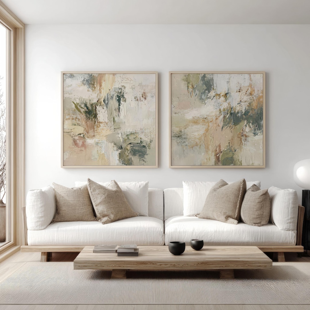 Abstract Green and Beige Painting Set of 2 Square Prints, Acrylic Print ...