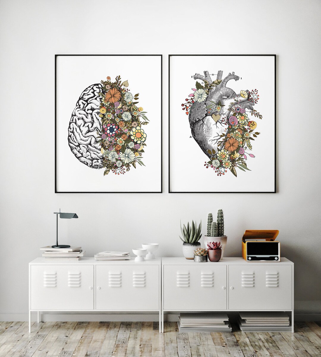 Set of 2 Vintage Anatomy Floral Heart Brain Print Instant Art INSTANT ...