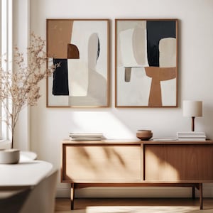Abstrakt beige och svart konsttryck set om 2 | Akrylmålning | Modern minimalistisk poster | Väggdekoration i spänd canvas