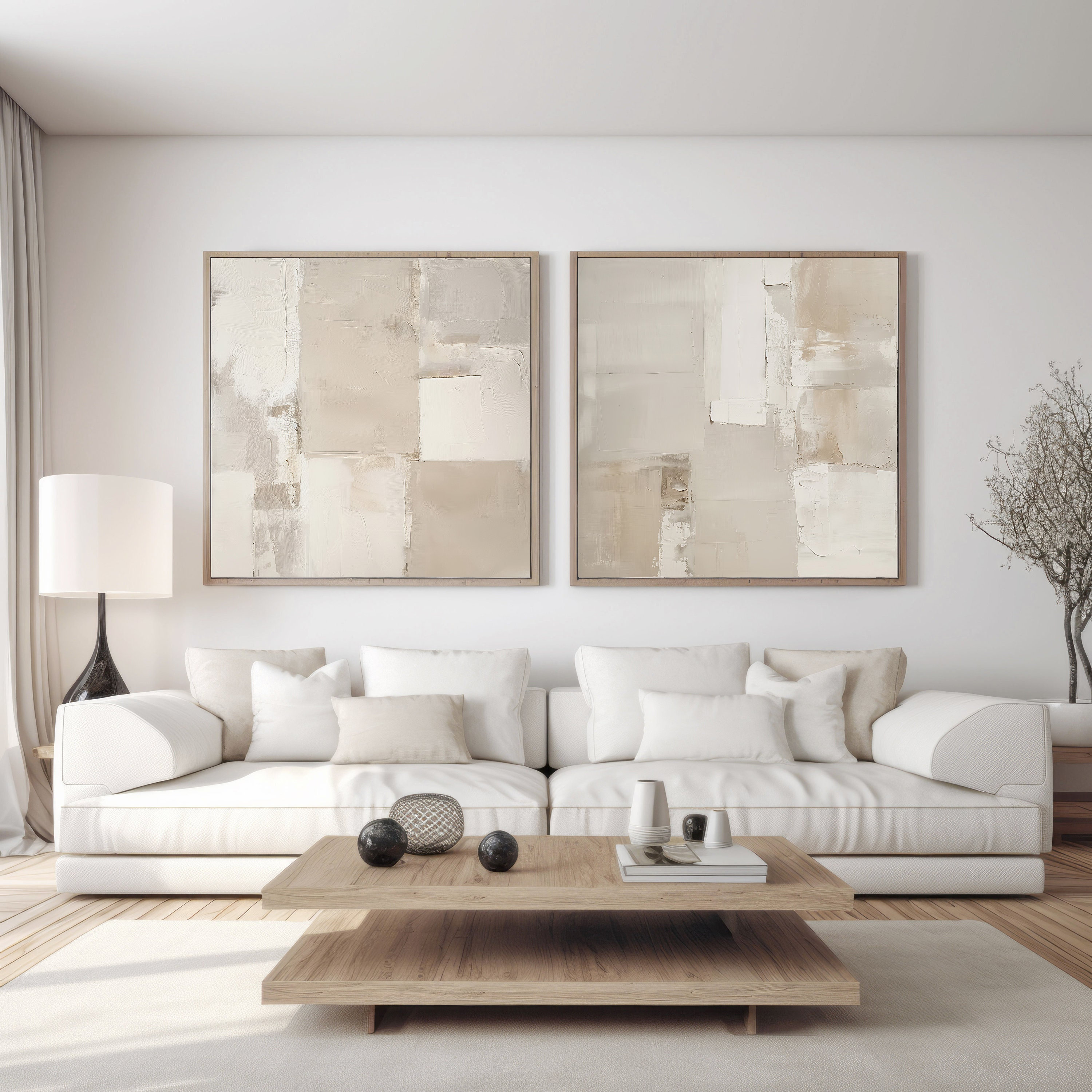 Neutral Beige Abstract Painting Set of 2 Square Prints, Abstract Acrylic Print, Modern Minimalist Poster, Printable Wall Decor
