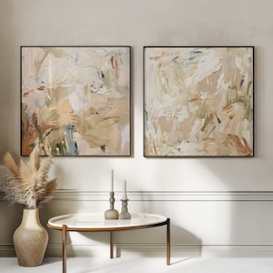 Neutral Beige Abstract Painting Set of 2 Square Prints, Abstract ...
