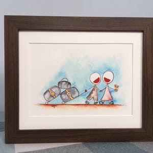 Criador de férias, lembrança de lua de mel, presente de arte de casamento, impressão de viagem de desenho animado - mensagem pessoal opcional