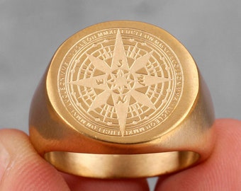 Personalised Stainless Steel Silver Compass Signet Ring