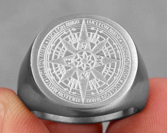 Personalised Stainless Steel Silver Compass Signet Ring