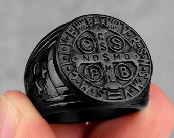 Personalised Stainless Steel Black CSPB St Benedict Medal Protection Signet Ring