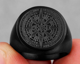 Personalised Stainless Steel Black Compass Signet Ring