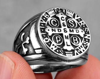 Personalised Stainless Steel Vintage Silver CSPB St Benedict Medal Protection Signet Ring