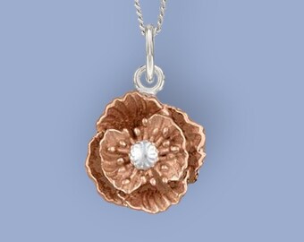 Tiny Poppy Necklace in 18ct Rose Gold Plated Sterling Silver, Nature Inspired Flower Necklace, August Birth Flower, Botanical