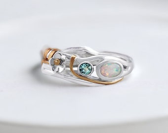 Blue Topaz and White Opal Flower Ring in Sterling Silver