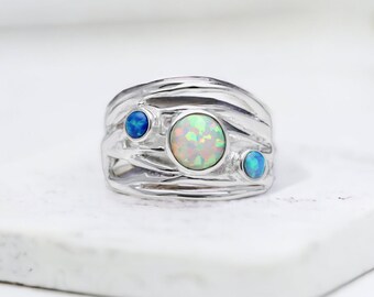 Sterling Silver Blue and White Opal Trio Ring with Personalised Watercolour Card