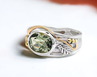 Sterling Silver Green Amethyst Leaf Ring with Personalised Watercolour Card