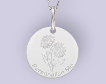 Personalised Chrysanthemum Necklace in Sterling Silver, Nature Inspired Flower Necklace, November Birth Flower, Botanical, Hand Drawn Flower